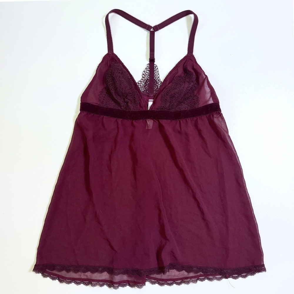 Gilligan & O'Malley Babydoll Large Burgundy Lace Velvet T-Back Chemise Lingerie - Picture 1 of 5